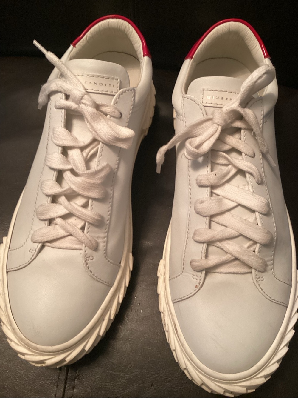 Giuseppe Zanotti Mens’s White Leather Sneakers with Red Heel Detail size 10